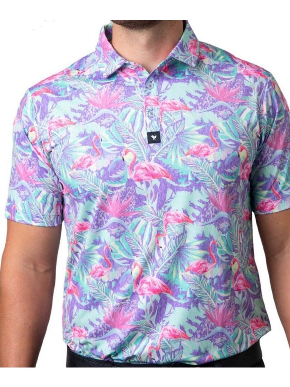 Bad Birdie Men's Mingo Flamingo Tropical Golf Polo Shirt Size Small